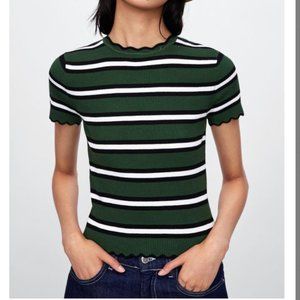 ZARA GREEN BLACK WHITE STRIPED KNIT RIBBED TEE